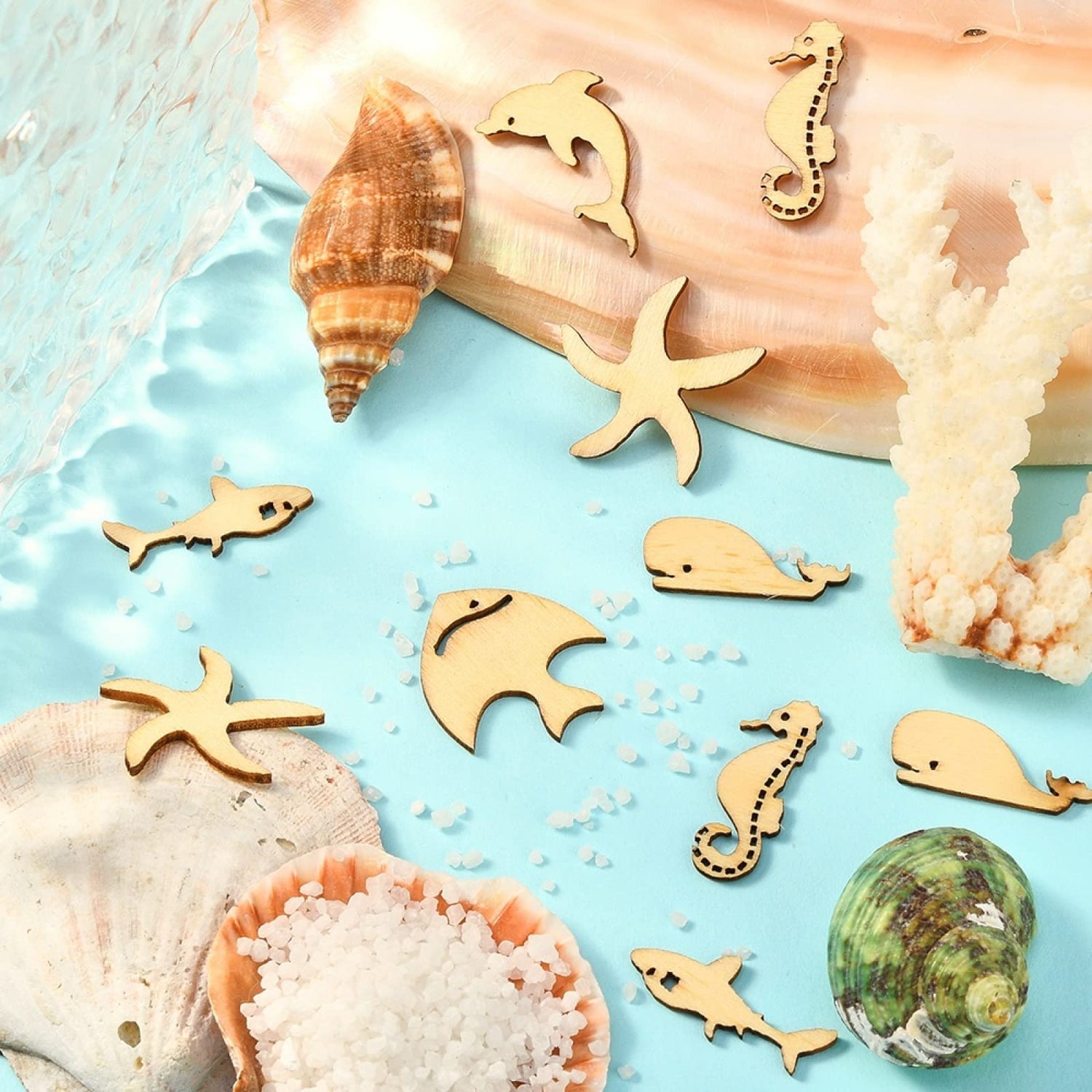 Stiesy 100 Pcs Assorted Sea Animal Theme Wood Cabochons Shark Agarfish Dolphin Seahorse Octopus Clownfish Unfinished Wooden Cutouts Slice Pieces Stiesy