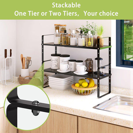Across-Star Expandable Cabinet Shelf Organizer Rack, Stackable Kitchen Counter Storage Shelves Stand, Adjustable Height Pantry Shelf Spice Rack Across-Star