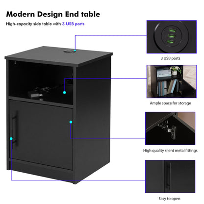 🔥PrimeZone Modern Nightstand with 3 USB Ports -Waterproof Bedside Table with Cabinet & Open Storage, Night Stand with Charging Station, End Side
