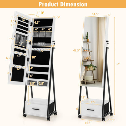 CHARMAID Rolling Jewelry Cabinet with Full Length Mirror, Lockable Standing Jewelry Armoire with Wheels, Steel Legs, Lipstick Brush Storage, Jewelry