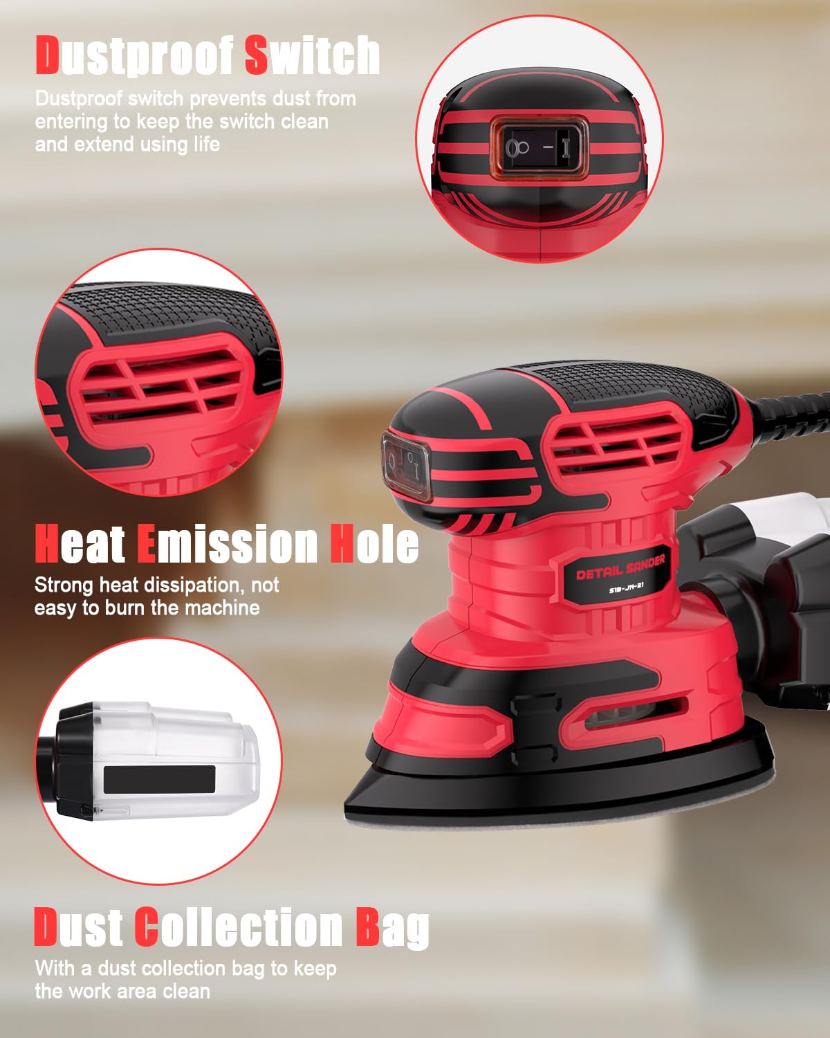 Electric Sander, 220W Detail Sander 13000 OPM Compact Power Sander with Dust Collector 1.6Amp Hand Sander with 20PCS Sanderpapers for Wood Vistreck