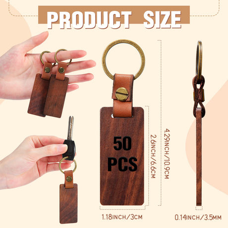 50 Pcs Leather Keychain Blanks Wooden Keychain Blanks Wood Keychain Blank Unfinished Wood Tags with Leather Strap Keyring (Walnut) Sasylvia
