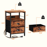 Furologee Nightstand Set of 2, Rustic Brown, with Charging Station and USB Ports, Side Tables with 2 Fabric Drawers, Bedside Tables with Storage Furologee