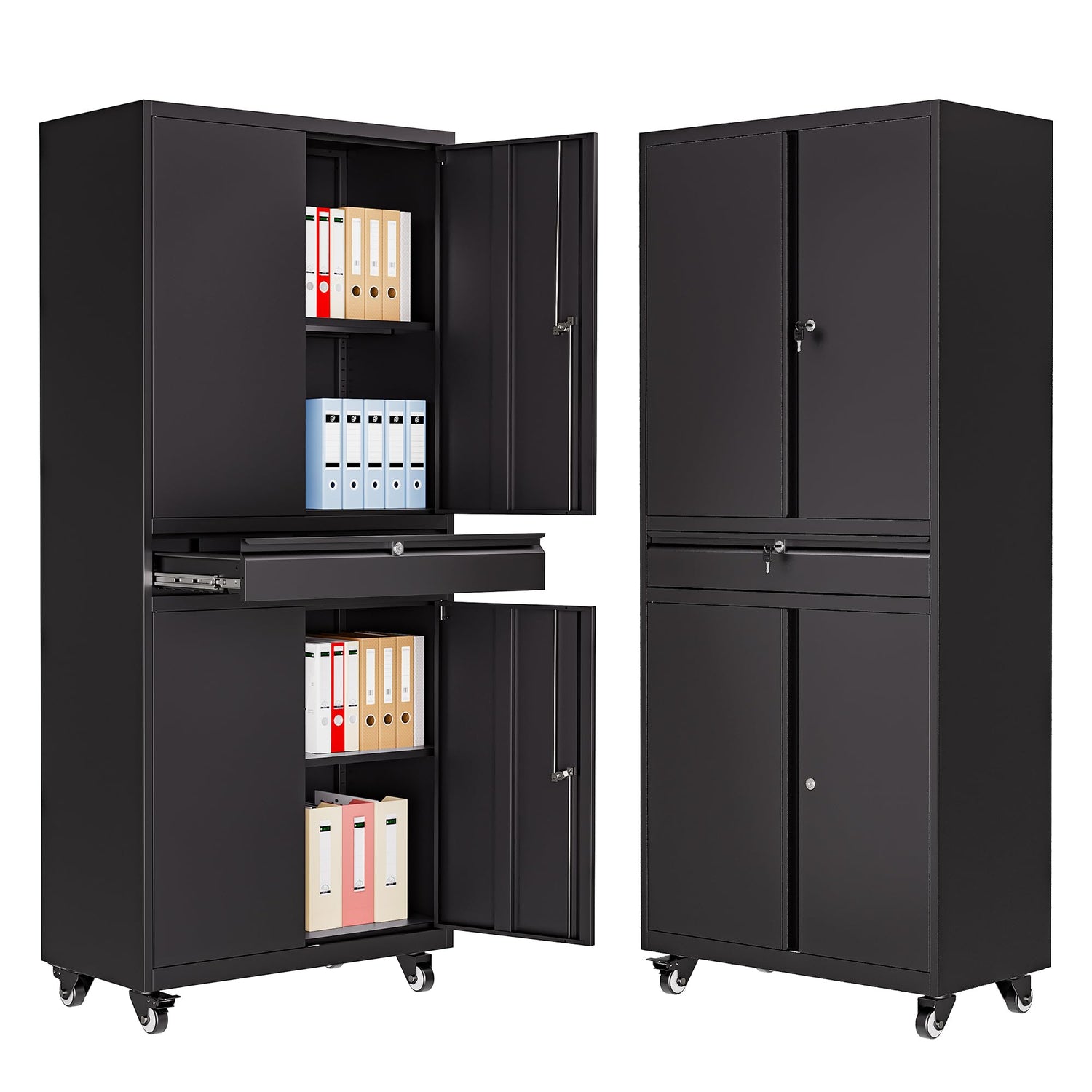 LISSIMO Metal Storage Cabinet with Wheels, Locking Garage Storage Cabinet with Adjustable Shelves and Drawer, Rolling Tool Cabinet for Home Office LISSIMO