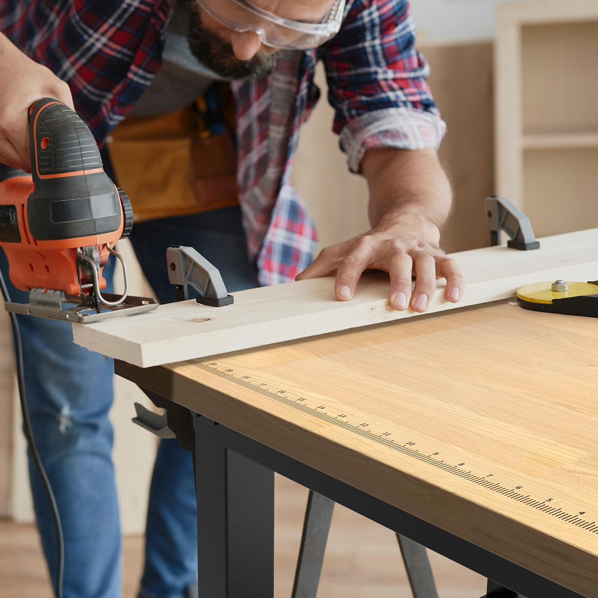 LARBANKE 48" Heavy-Duty Garage Workbench,Rubber Wood Workbench has Adjustable 5 Different Heights,Hardwood Worktable Weight Capacity Over 2000 LARBANKE