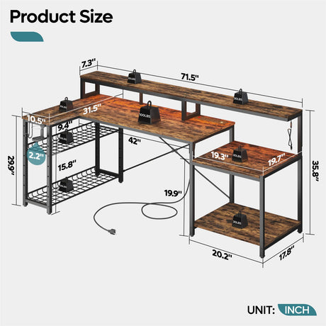 Bestier 71.5 inch Computer Desk with Power Outlets, L Shaped LED Home Office Desk with Long Monitor Stand, Large Corner Desk with Storage Shelf, Cup Bestier