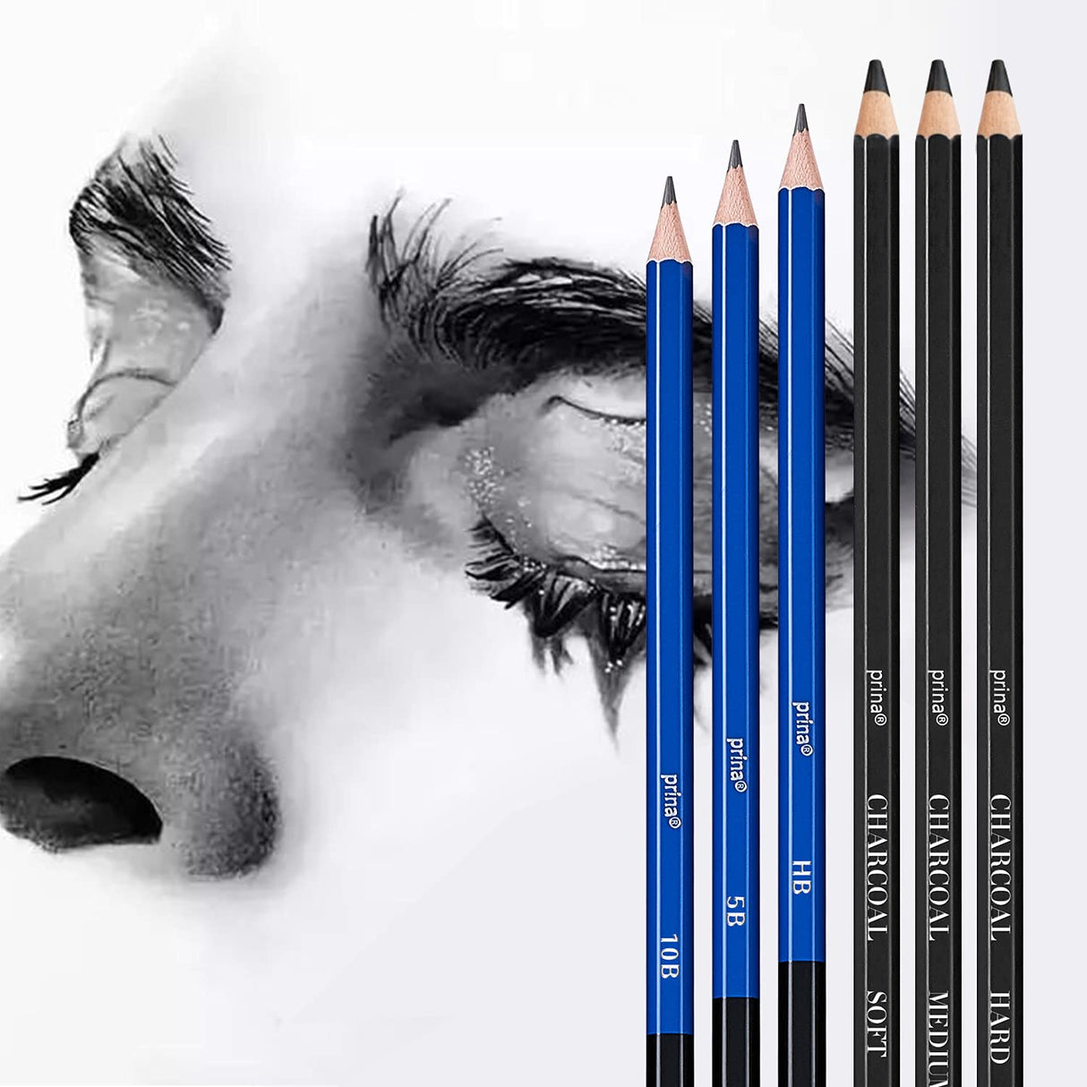 Prina 50 Pack Drawing Set Sketch Kit, Pro Art Sketching Supplies with 3-Color Sketchbook, Graphite, and Charcoal Pencils for Artists Adults Teens PRINA