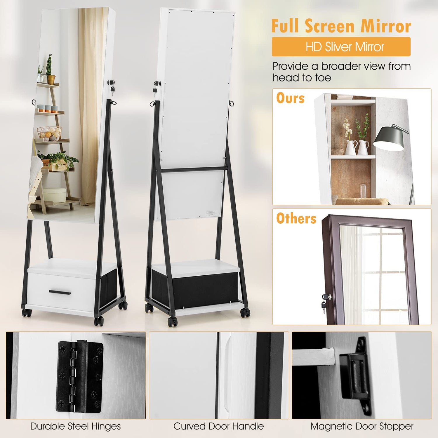 CHARMAID Rolling Jewelry Cabinet with Full Length Mirror, Lockable Standing Jewelry Armoire with Wheels, Steel Legs, Lipstick Brush Storage, Jewelry CHARMAID