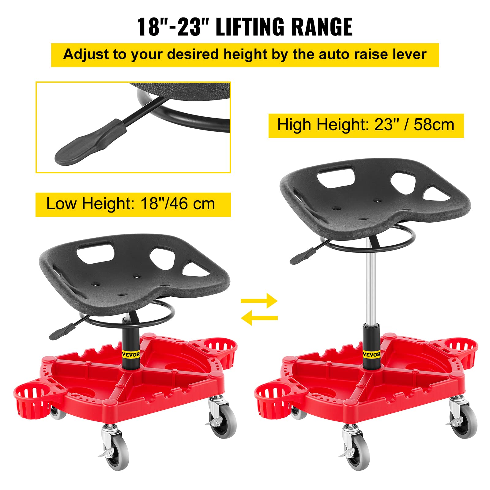 VEVOR Rolling Garage Stool, 300LBS Capacity, Adjustable Height from 18 in to 23 in, 360-degree Swivel Wheels (4"), Large Tool Tray with Two Bottle - WoodArtSupply