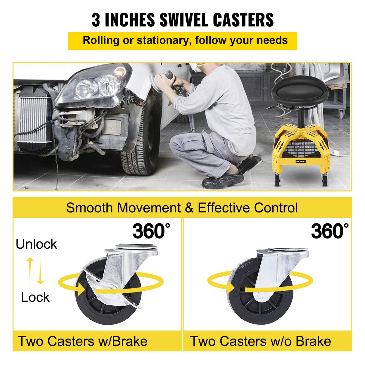VEVOR Rolling Garage Stool, 300LBS Capacity, Adjustable Height from 24 in to 28.7 in, Mechanic Seat with 360-degree Swivel Wheels and Tool Tray, for VEVOR