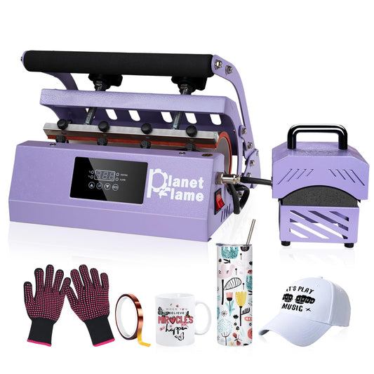 PlanetFlame Tumbler and Hat Heat Press Machine, 2-in-1 Combo Machine for Cup and Cap with Gloves and High Temp Heat Resistant Tape for 11oz-30oz - WoodArtSupply