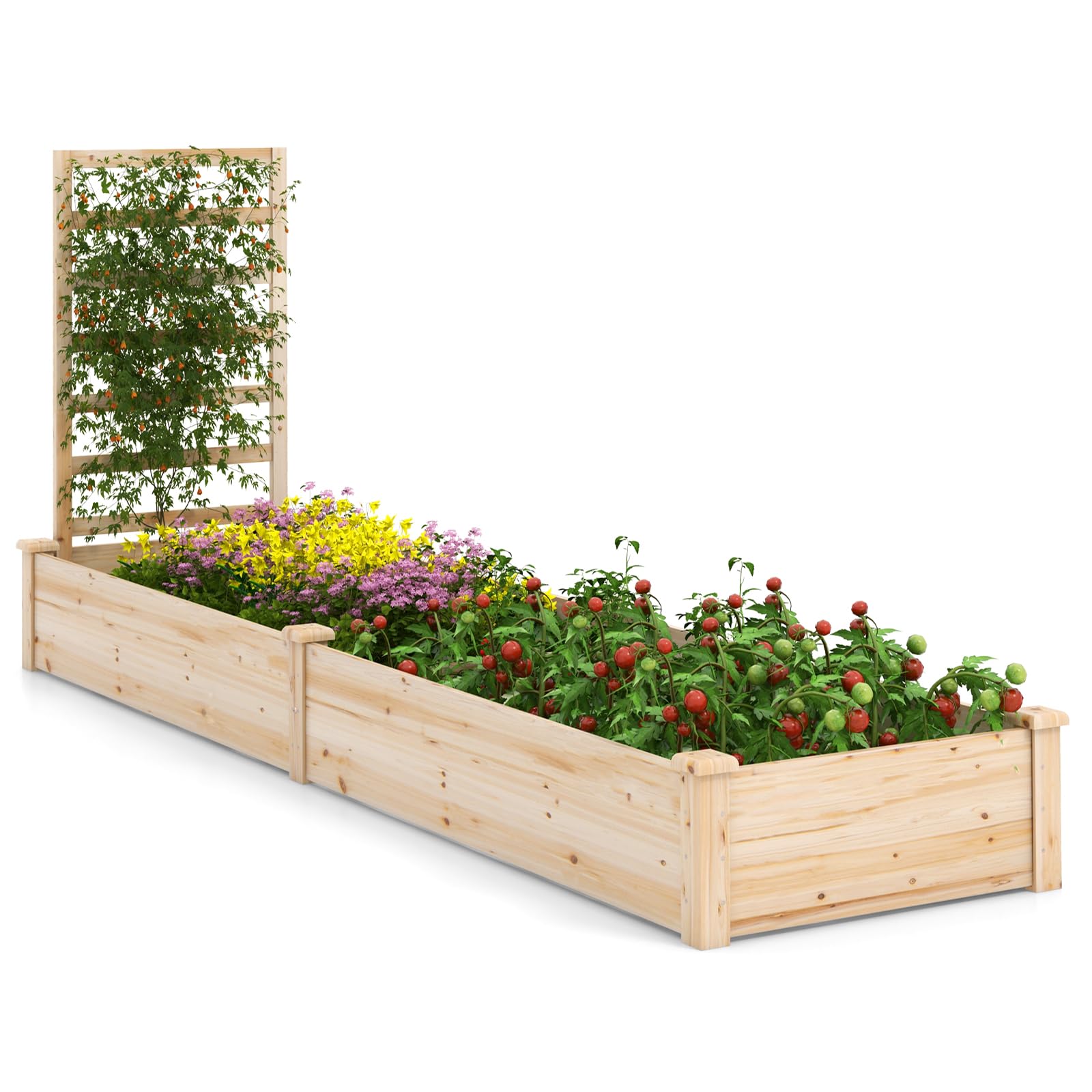 HAPPYGRILL Raised Garden Bed with Trellis, Wooden Planter Box with Divided Space for Vegetables, Flowers, Fruits, Climbing Plants, Outdoor Elevated - WoodArtSupply