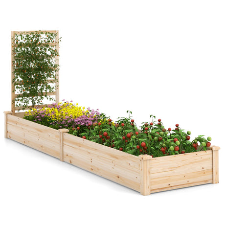 HAPPYGRILL Raised Garden Bed with Trellis, Wooden Planter Box with Divided Space for Vegetables, Flowers, Fruits, Climbing Plants, Outdoor Elevated HAPPYGRILL
