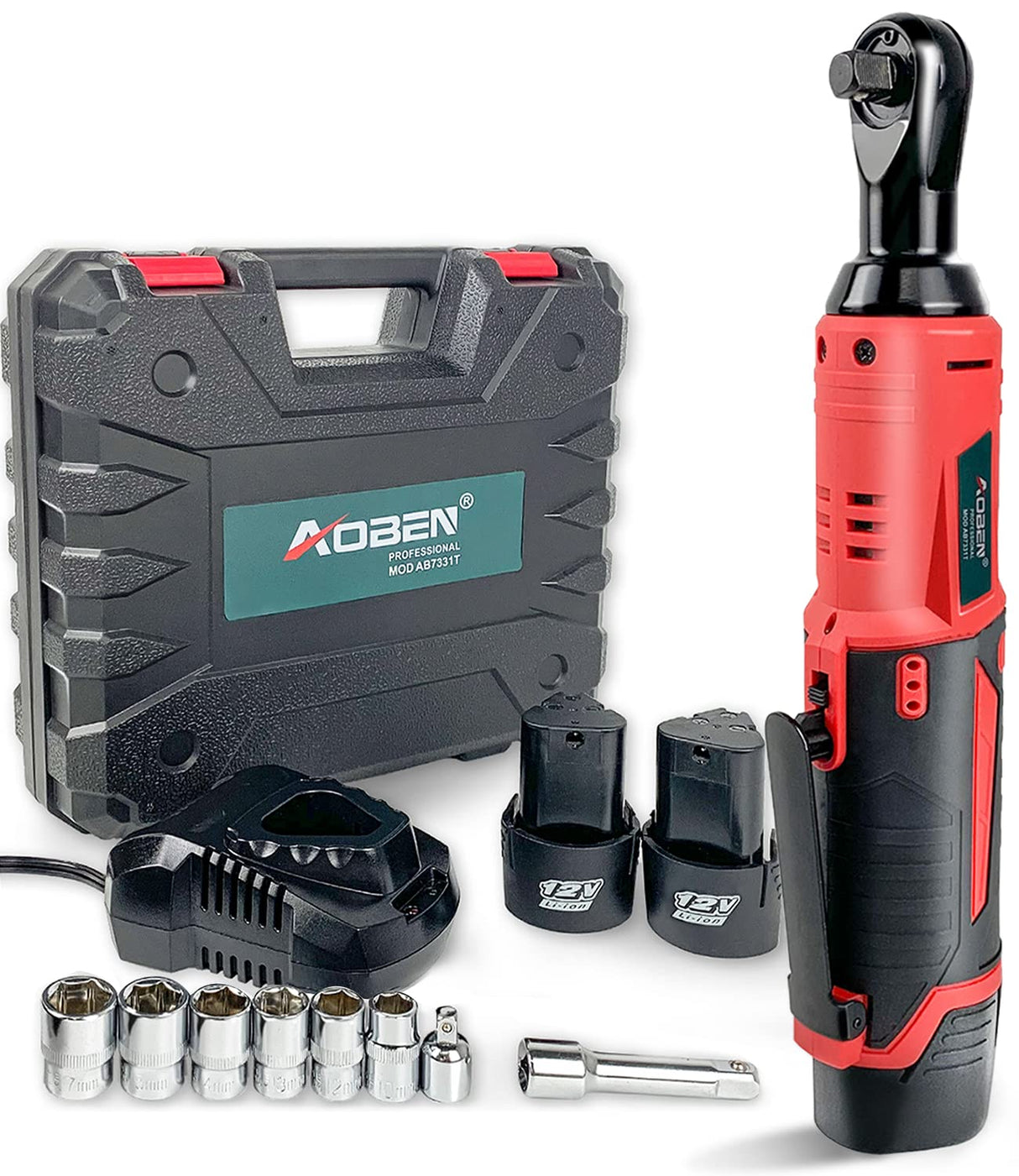 AOBEN Cordless Electric Ratchet Wrench Set, 3/8" 12V Power Ratchet Tool Kit With 2 Packs 2000mAh Lithium-Ion Battery And Charger AOBEN