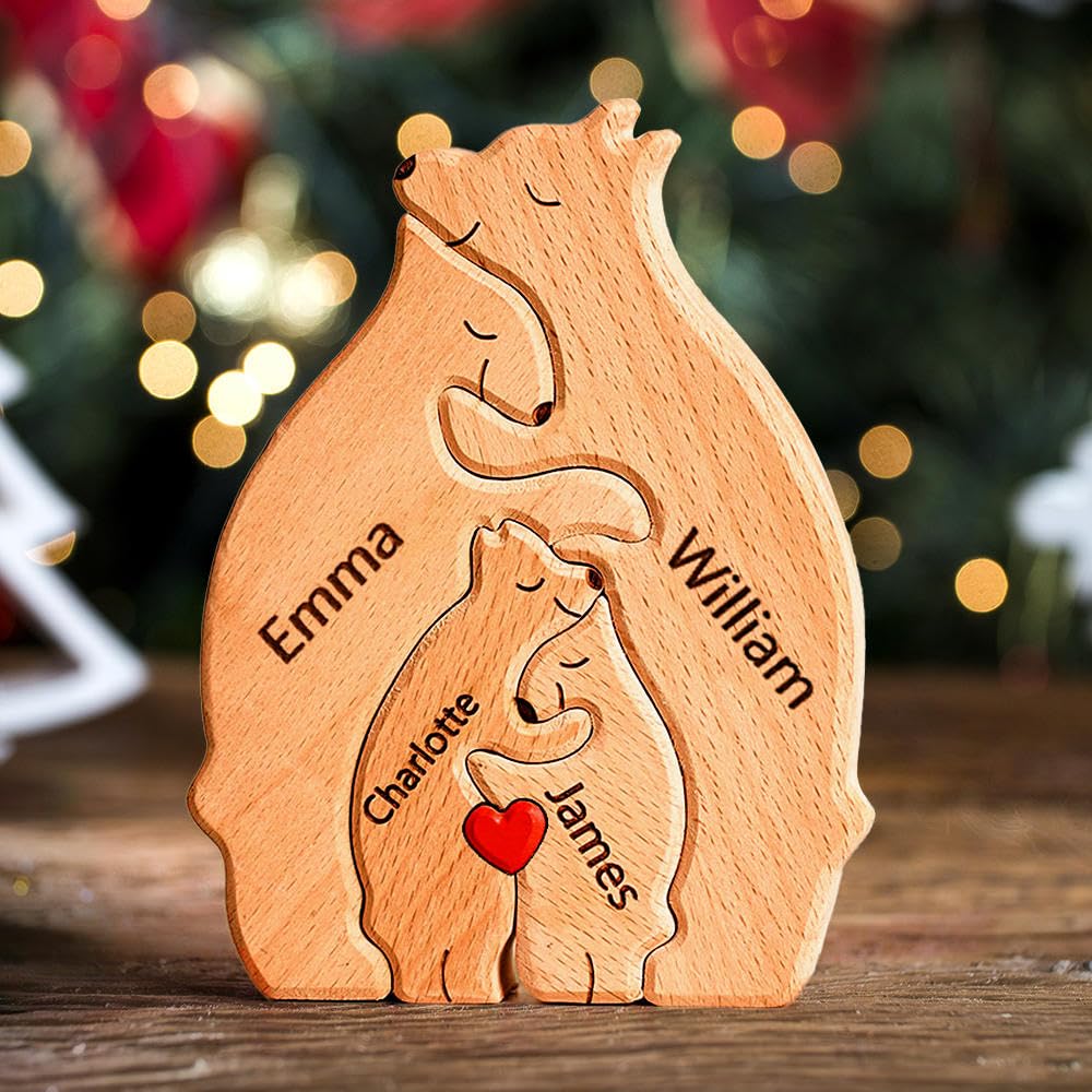 Personalized Wooden Bear Puzzle with 1-8 Family Name, We are One, Custom Family Name Sculpture, Ideal Gift for Christmas, Birthdays, House Warming - WoodArtSupply