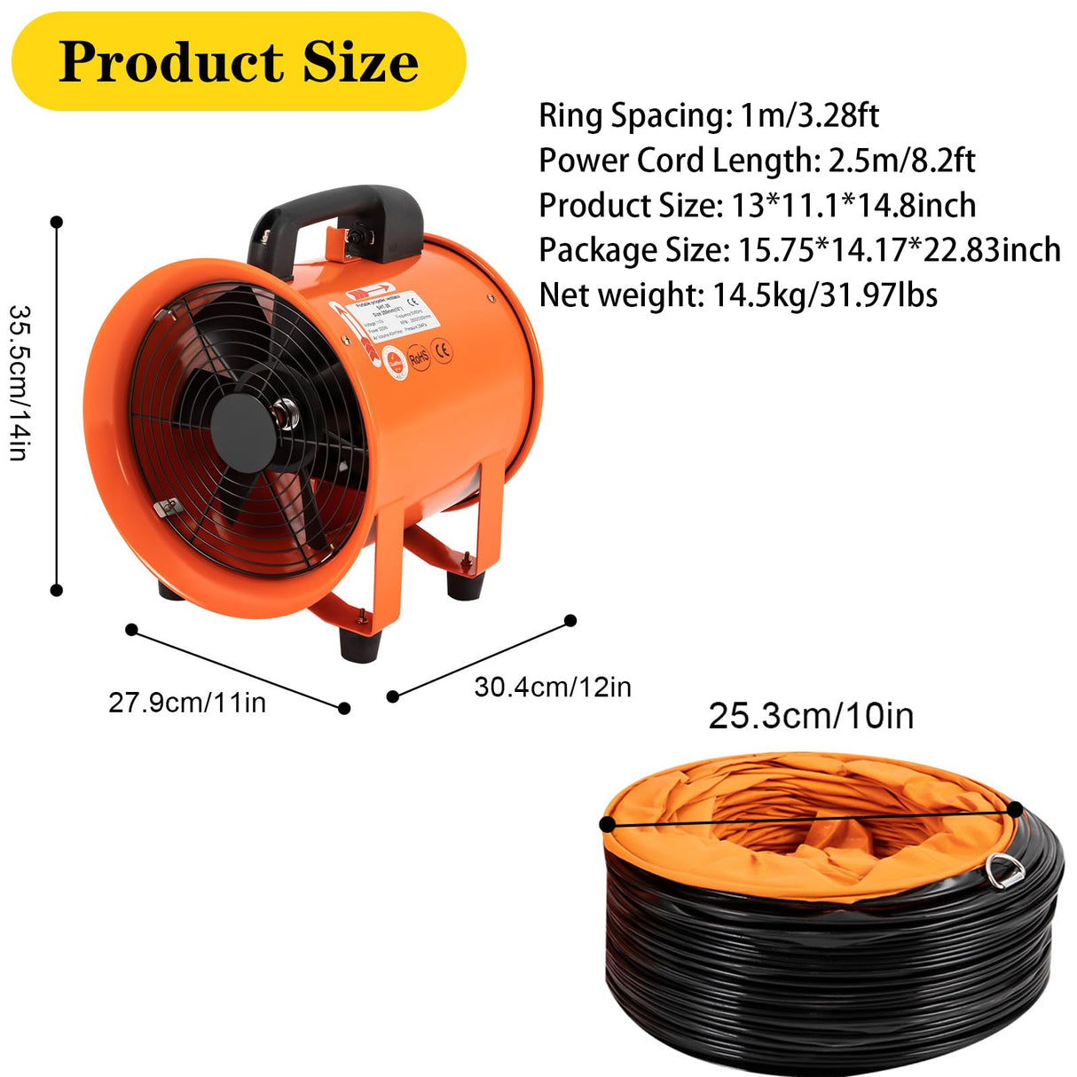 Utility Blower Fan, 10 inch Ventilator Blower, 2800/3300RPM Extractor Fan Blower, Portable Industrial High Velocity Blower-with 32.8 ft/10 m Duct Yellulu