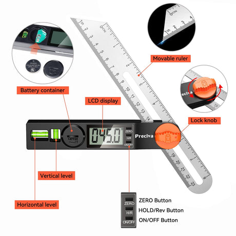 Preciva T-Bevel Gauge & Protractor with Horizontal and Vertical Bubble,0-338° Digital Angle Finder Protractor 230mm/8inch Display for Carpentry Preciva