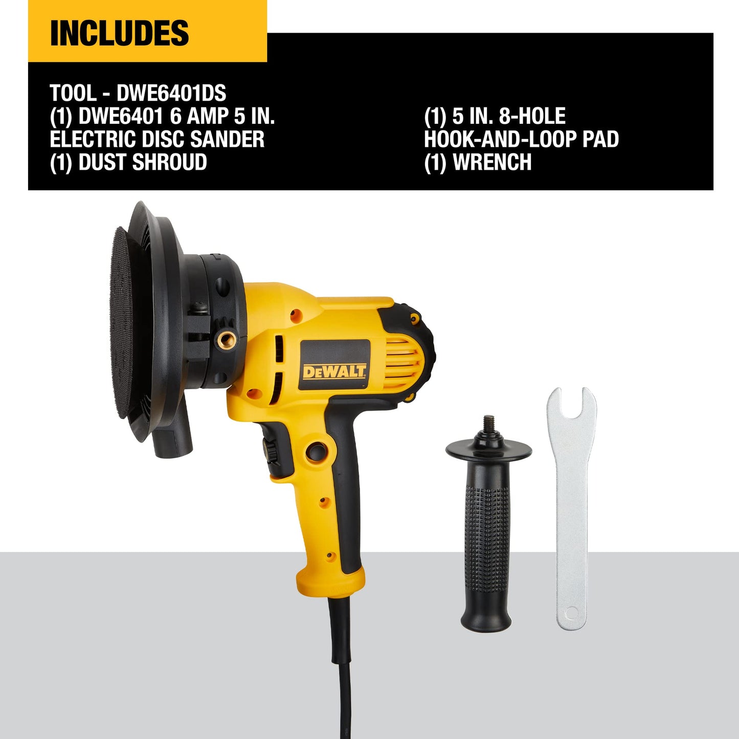 DEWALT Rotary Sander, Variable Speed, Dust Shroud, 5-Inch (DWE6401DS), Yellow - WoodArtSupply