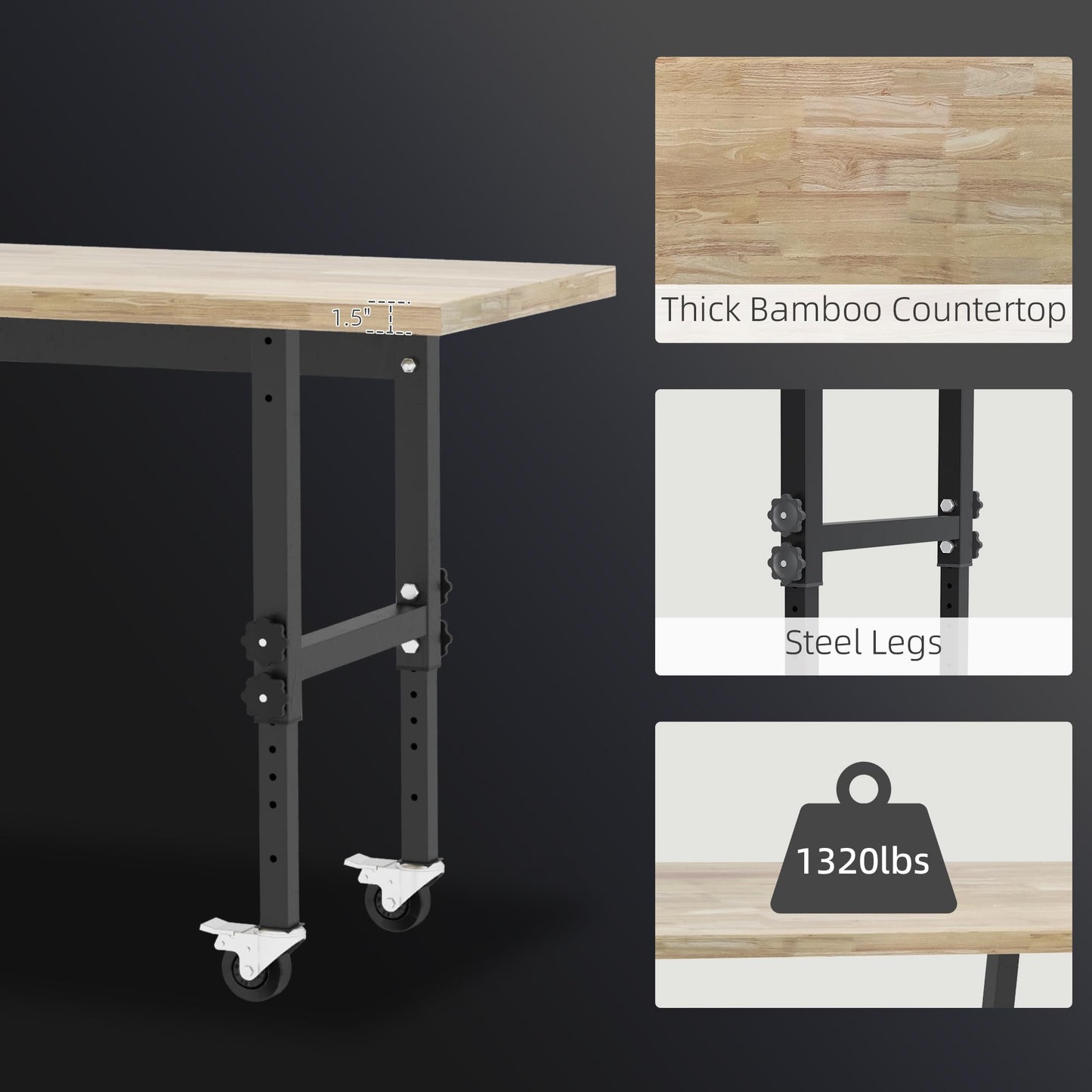 HOMCOM 59" Work Bench with Height Adjustable Legs, Bamboo Tabletop Workstation Tool Table on Wheels for Garage, Weight Capacity 1320 Lbs, - WoodArtSupply