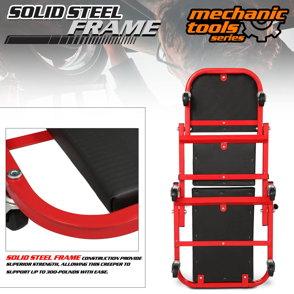 M-AUTO Foldable Z Creeper 2-in-1 Rolling Folding Car Creeper & Seat, 36" Adjustable Roller Garage Chair Lay Down or Sit, 330LBS Capacity Under Car M-AUTO