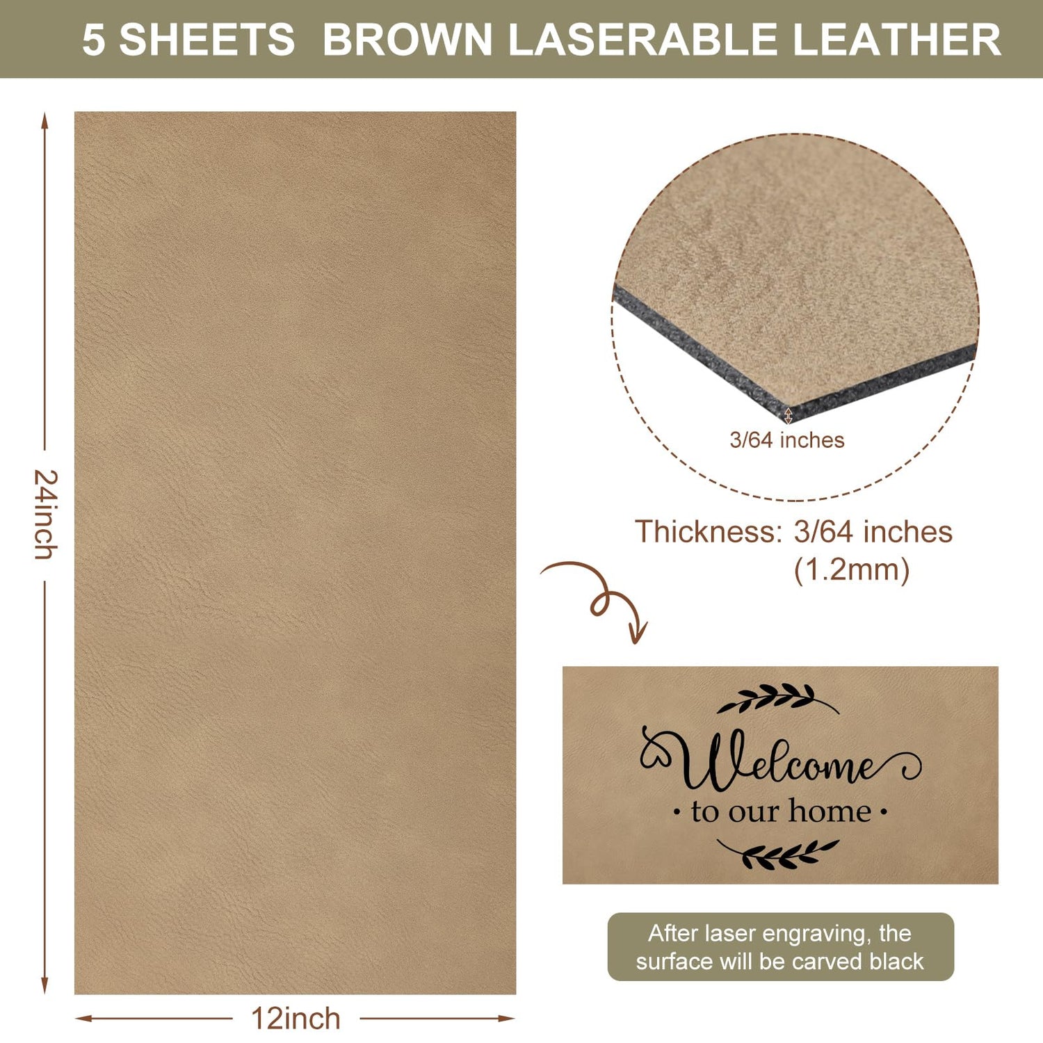 Huhumy 5 Pieces Laserable Leather Sheets 12 x 24 Inch Leatherette Sheets Brown Laser Leather Laser Engraving Supplies for Laser Engraving Art Craft Huhumy