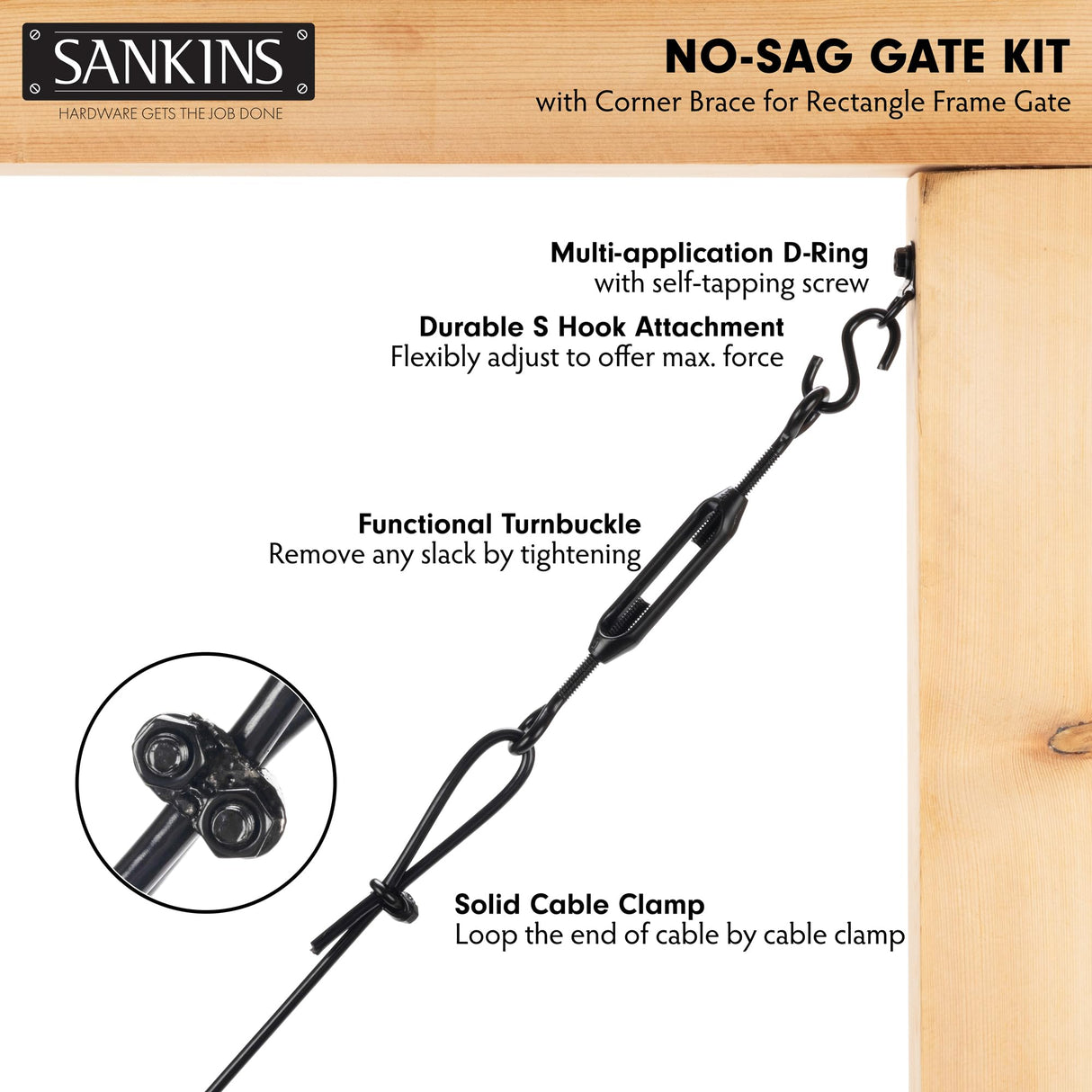 SANKINS Anti-Sag Gate Kits for Wooden Fence, Black Anti-Sagging Gate Support Cable Kit Hardware, Gate Sag Frame Kit Hardware for Wooden Fence, Wood SANKINS