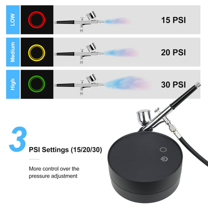 Adjustable Airbrush Compressor Kit - 3 PSI Settings up to 30 PSI, Dual Action Airbrush with Multiple Nozzles and Accessories for Painting, Model - WoodArtSupply