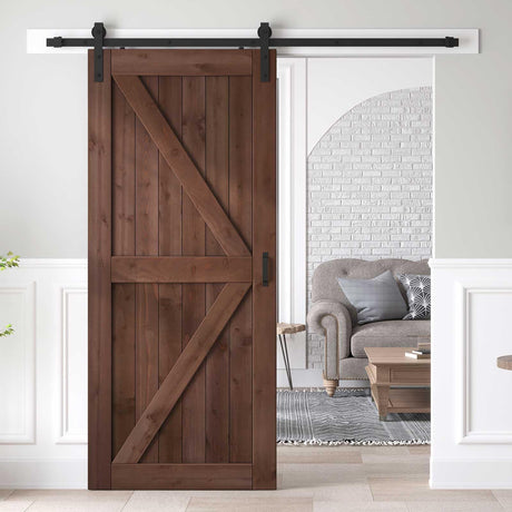 ROYMELO 36x84 inch Sliding Barn Wood Door Slab with 6.6ft Hardware Kit and Handle, Coffee, K Shape, Simple DIY Assembly ROYMELO