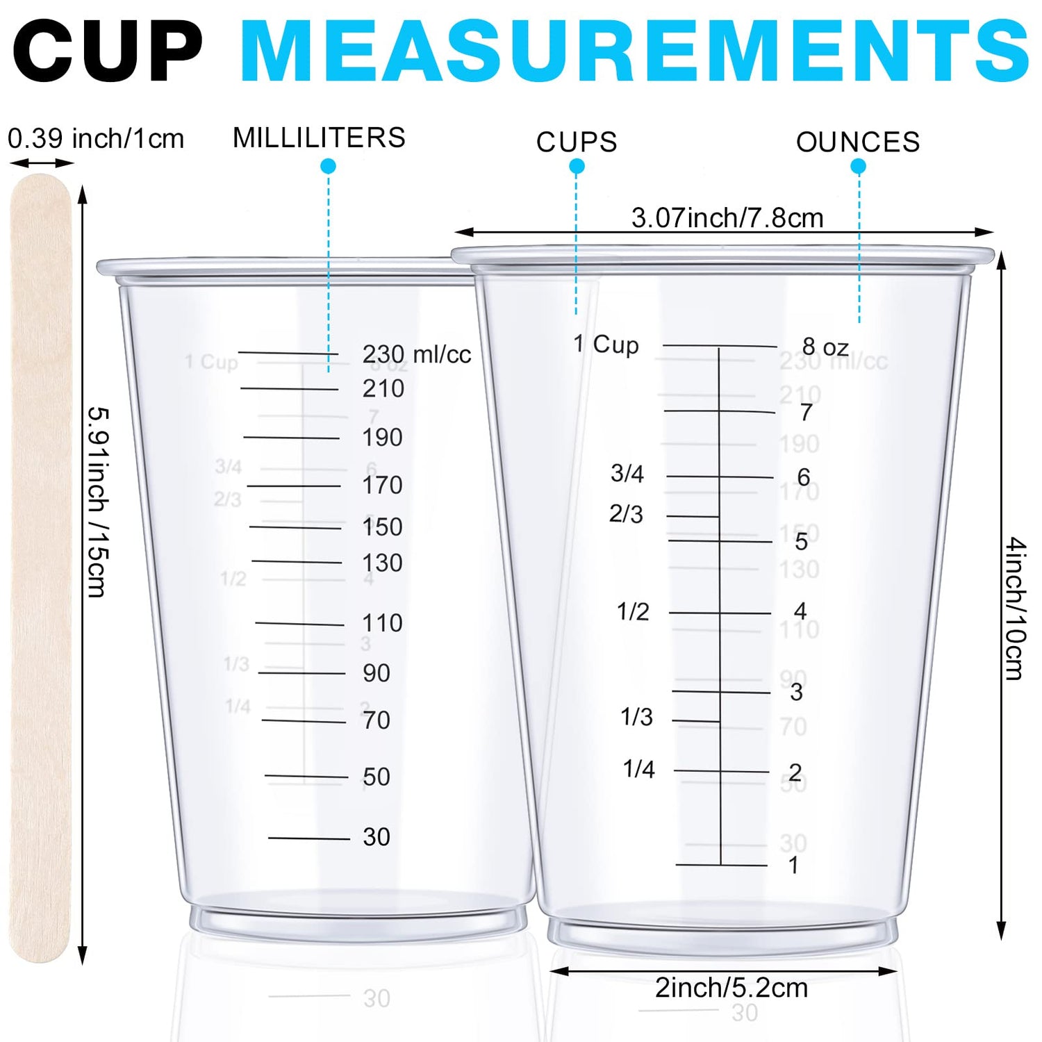 300 Pack 8 oz Disposable Measuring Cups Clear Plastic Measuring Cups with 300 Wooden Mixing Sticks Resin Mixing Cup Liquid Measuring Cups for Epoxy Gerrii