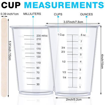 300 Pack 8 oz Disposable Measuring Cups Clear Plastic Measuring Cups with 300 Wooden Mixing Sticks Resin Mixing Cup Liquid Measuring Cups for Epoxy - WoodArtSupply