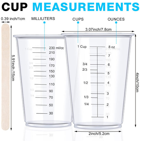 300 Pack 8 oz Disposable Measuring Cups Clear Plastic Measuring Cups with 300 Wooden Mixing Sticks Resin Mixing Cup Liquid Measuring Cups for Epoxy Gerrii