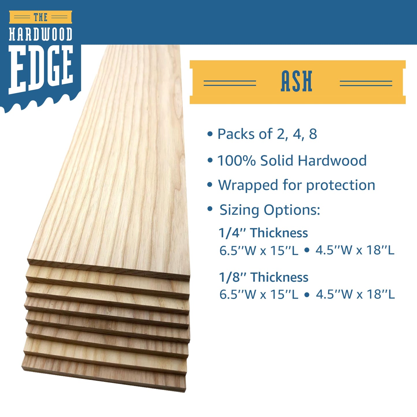 The Hardwood Edge Ash Wood Planks - 8-Pack Ash Wood for Unfinished Wood Crafts - 1/8’’ (3mm) 100% Pure Hardwood - Laser Engraving Blanks - Ash Wood