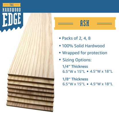 The Hardwood Edge Ash Wood Planks - 8-Pack Ash Wood for Unfinished Wood Crafts - 1/8’’ (3mm) 100% Pure Hardwood - Laser Engraving Blanks - Ash Wood