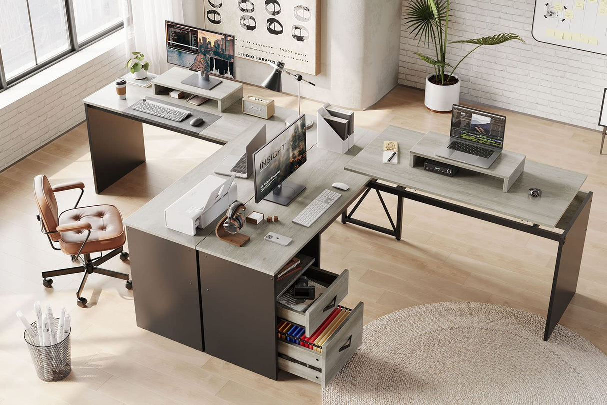 Bestier Lift Top L Shaped Desk with File Drawer, 55'' x 55'' Office Desk with Reversible Storage Drawers, L Shaped Standing Desk with Computer Bestier