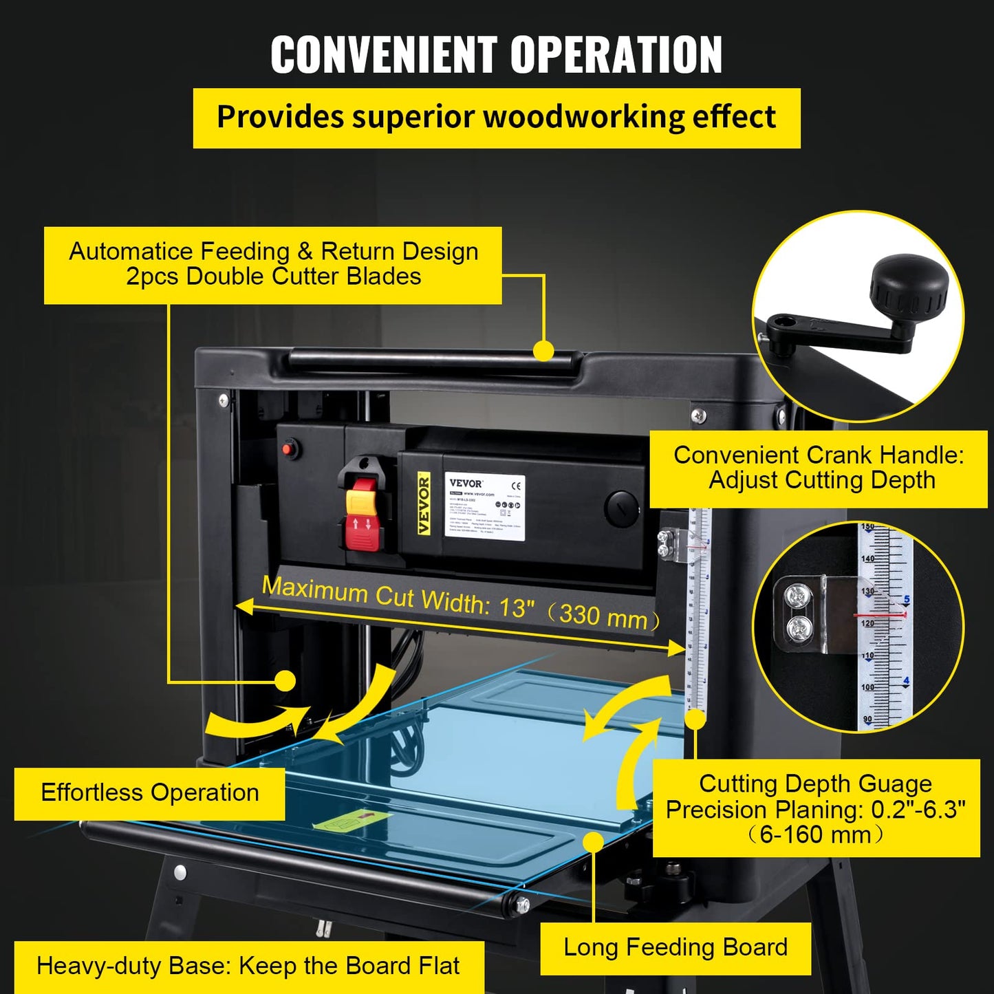 VEVOR Thickness Planer 13-Inch Benchtop Planer 2000W Wood Planer 8000 rpm Woodworking Planer 15 AMP Wood Planer Foldable 6m/min Planing Speed with - WoodArtSupply