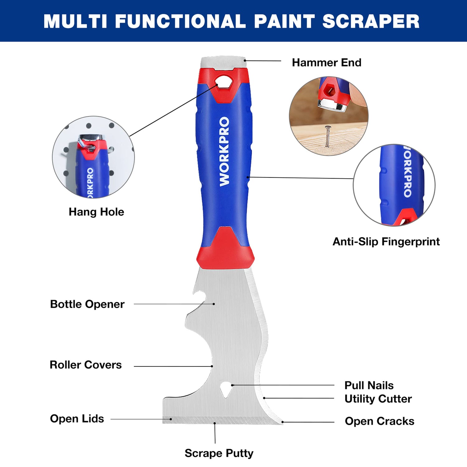 WORKPRO Paint Scraper, 8 in 1 Paint Remover, Metal Putty Knife with Hammer End and Can Opener, Stainless Steel Scraper Tool for Removing Caulk, WORKPRO