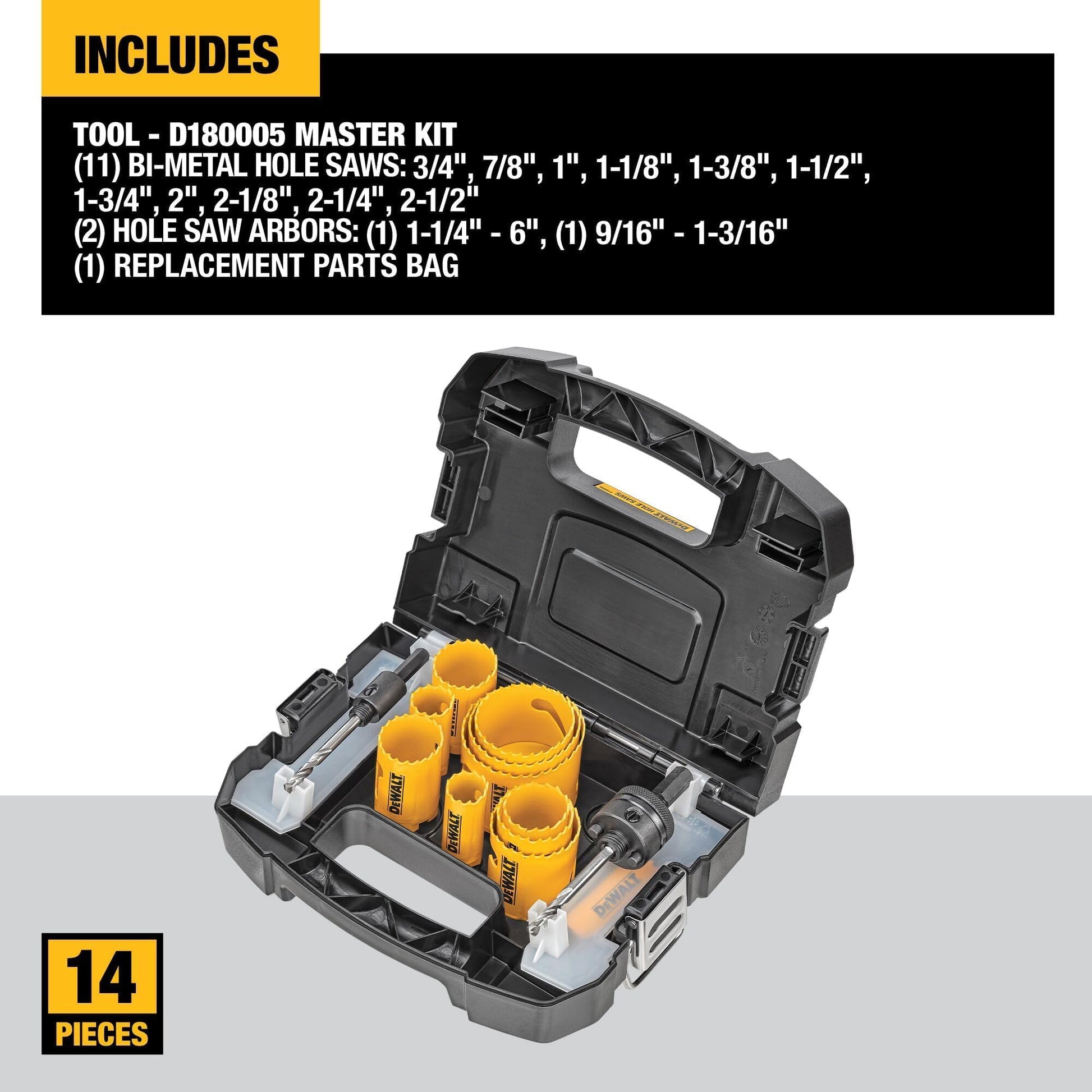 DEWALT Hole Saw Kit, 14-Piece, Includes 2 Quick Change Mandrels and Pilot Point Bits (D180005) - WoodArtSupply