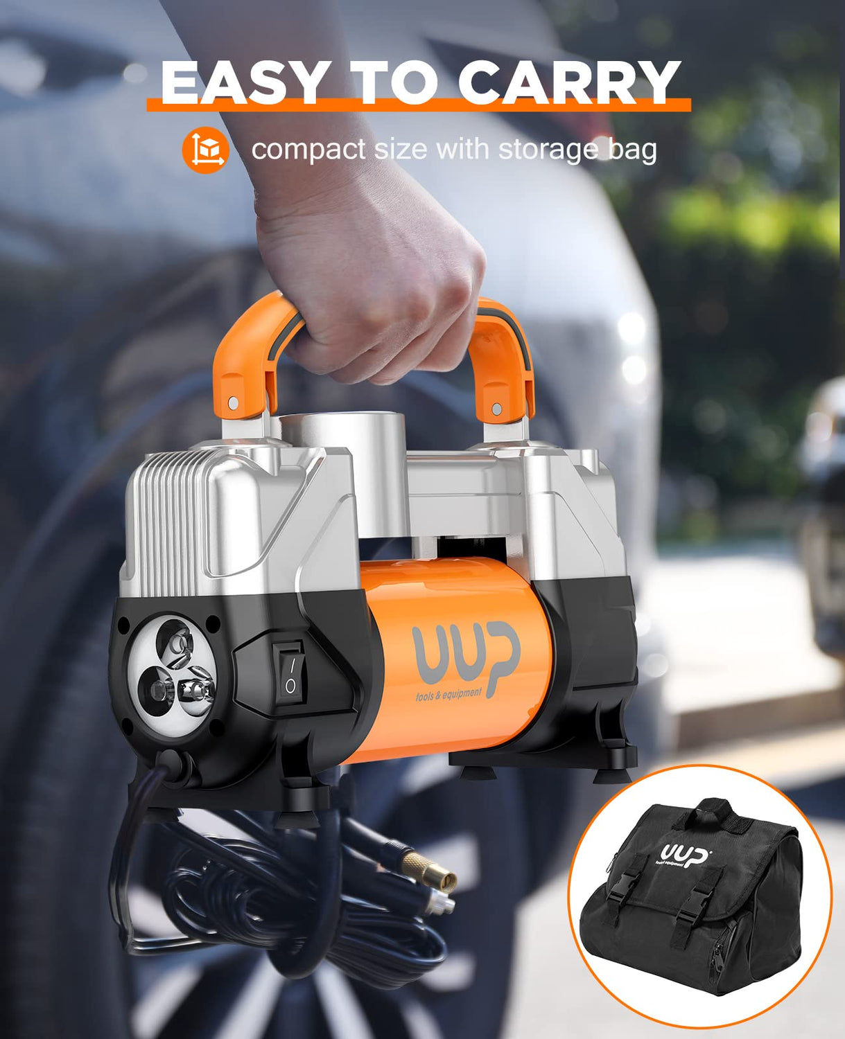 UUP Tire Inflator Air Compressor, 150PSI 12V DC Double Cylinders Heavy Duty Portable Air Pump w/Emergency LED Light for Truck, SUV, Car, RV UUP