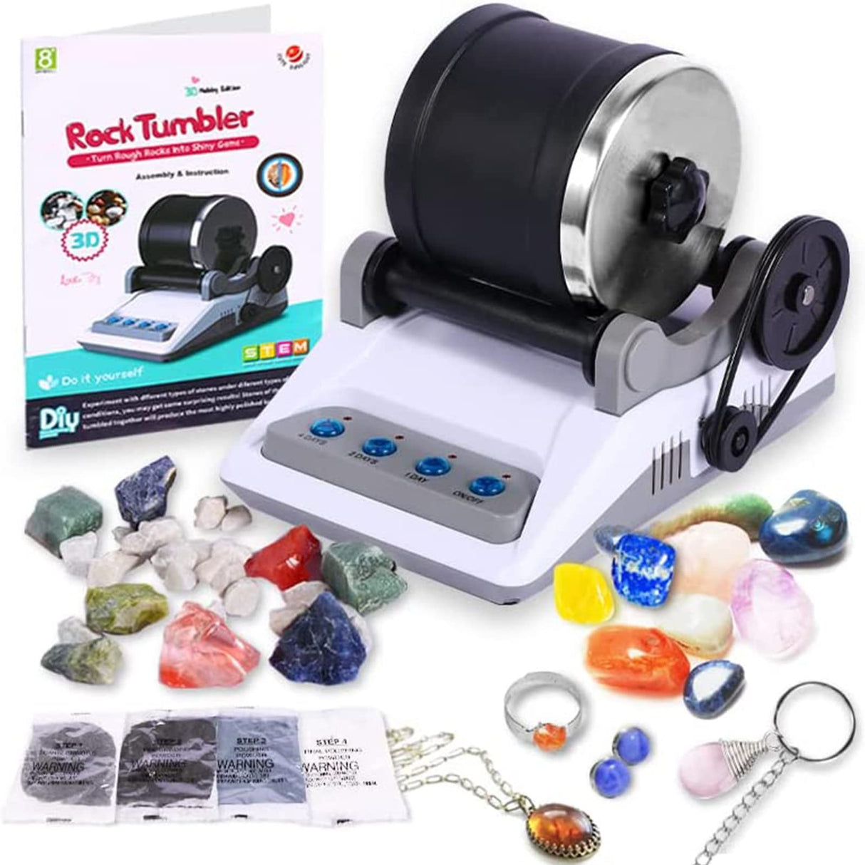 BUAOB Rock Tumbler Kit - Turn Rough Rocks into Beautiful Gems with 7-Day Polishing Timer, Includes 2 Belts, Bag of Rough Stones, 4 Stages of BUAOB