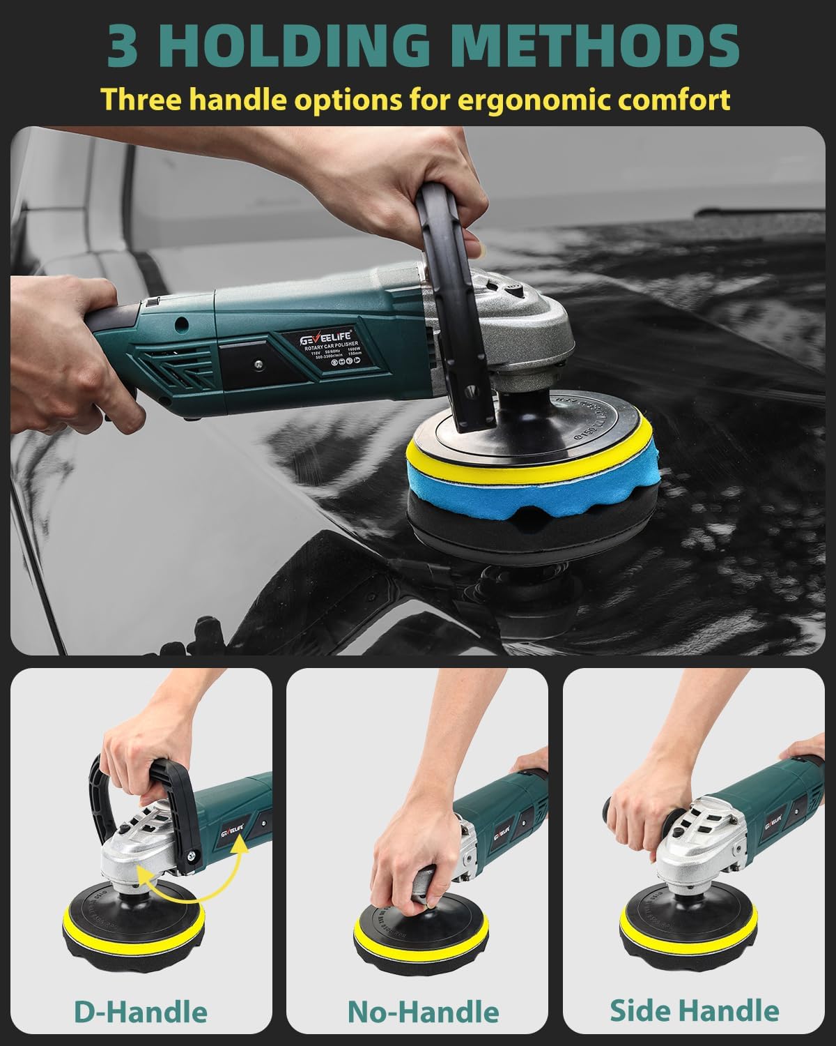 GEVEELIFE Buffer Polisher, 1600W, 7 Variable Speed 1000-3300 RPM Car Buffer Polisher Waxer with Grip, Detachable Handle for Car Polishing, Waxing - WoodArtSupply