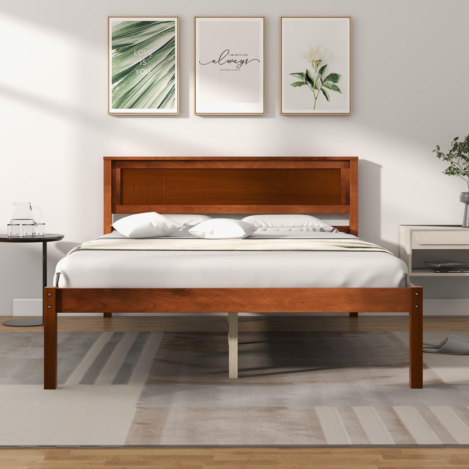 Giantex Wood Full Platform Bed with Headboard, Mid Century Solid Wood Bed Frame with Wood Slat Support, Wooden Mattress Foundation with 12" Under Bed Giantex