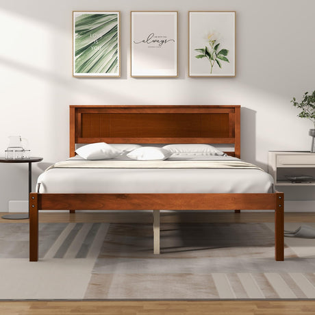 Giantex Wood Full Platform Bed with Headboard, Mid Century Solid Wood Bed Frame with Wood Slat Support, Wooden Mattress Foundation with 12" Under Bed Giantex