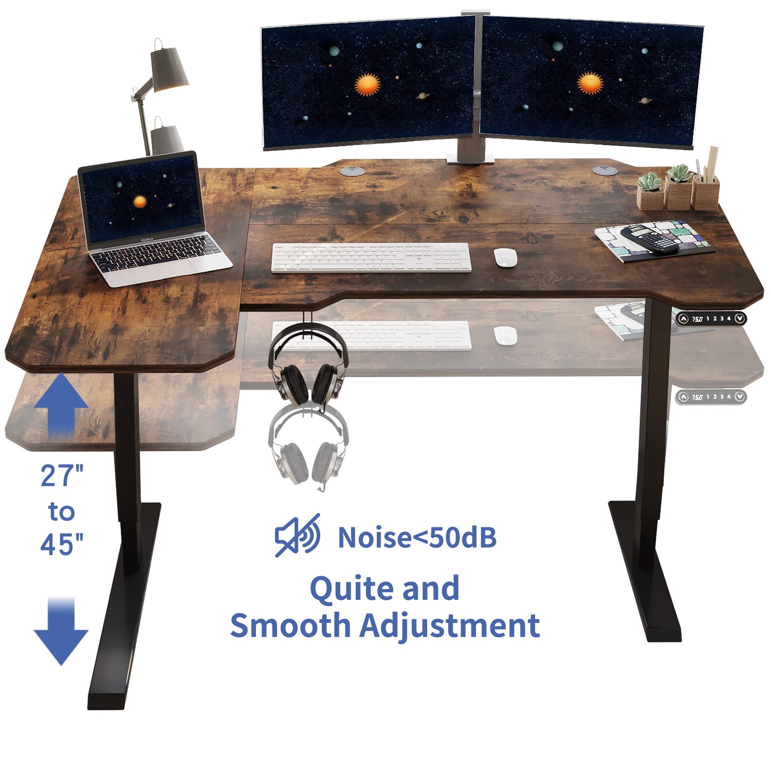 HEONAM 59'' L Shaped Electric Height Adjustable Standing Desk, Sit to Stand Home Office Computer Desk with Black Frame & Rustic Brown Top HEONAM
