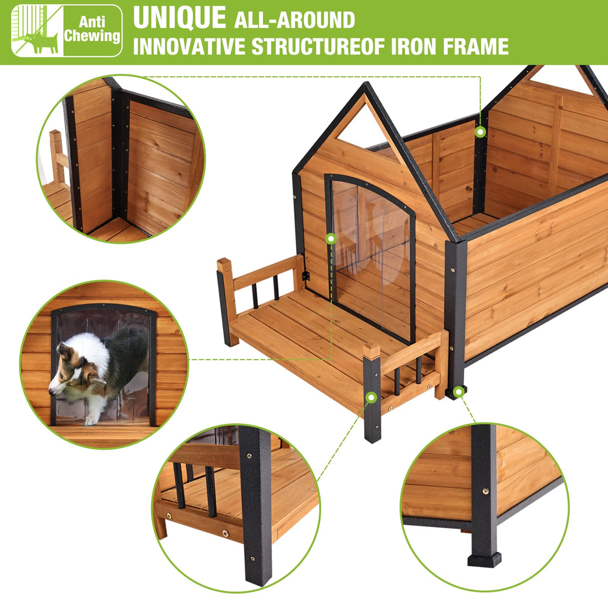 Dog House Outdoor Indoor Wooden Dog Cage with All Iron Frame Anti-Chewing for Small Medium Large Dogs Use,Raise Floor with Customized Plastic Feet GUTINNEEN
