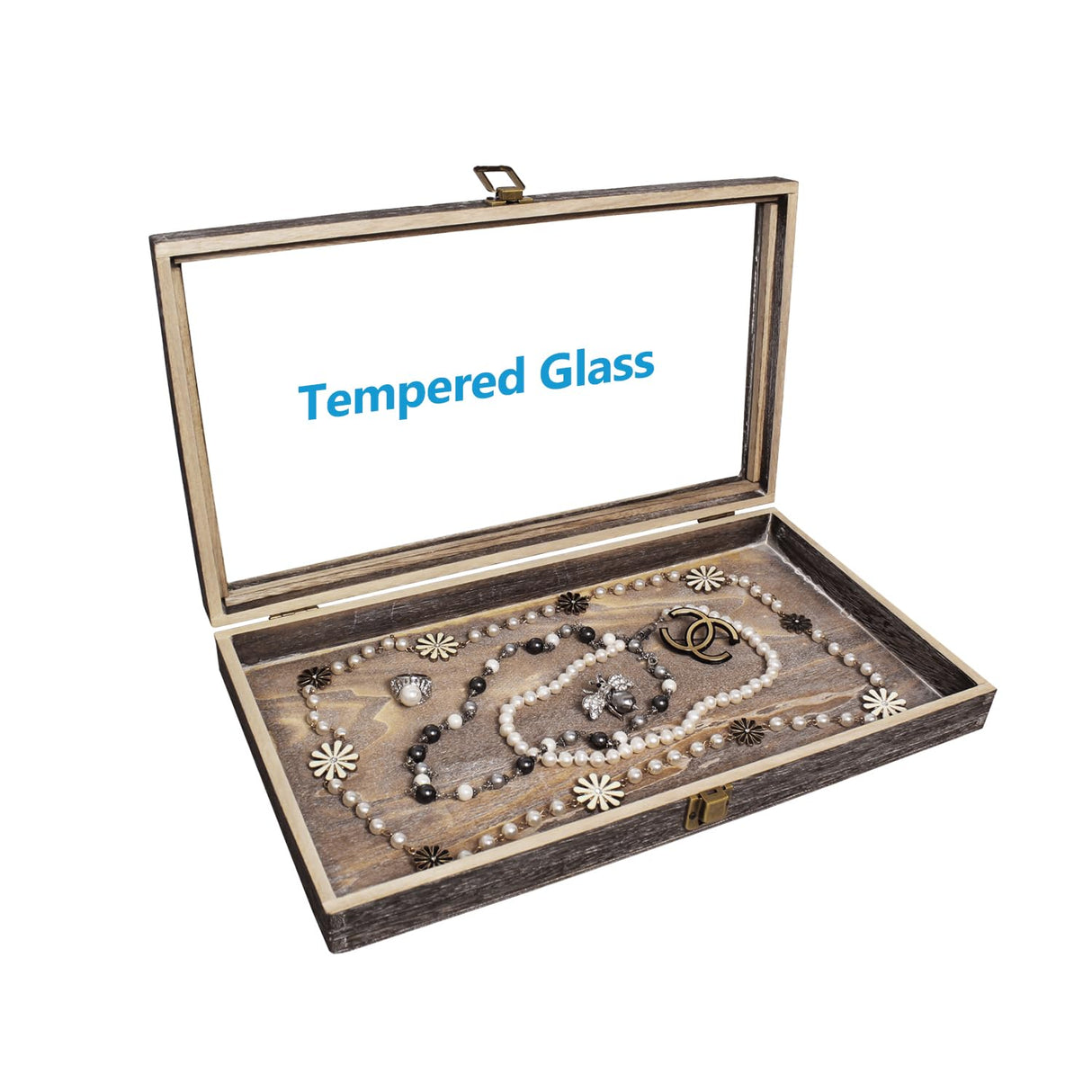 MOOCA Wood Glass Top Jewelry Display Case Accessories Storage, Wooden Jewelry Tray for Collectibles, Pocket Knife Display Case with Metal Clasp and MOOCA