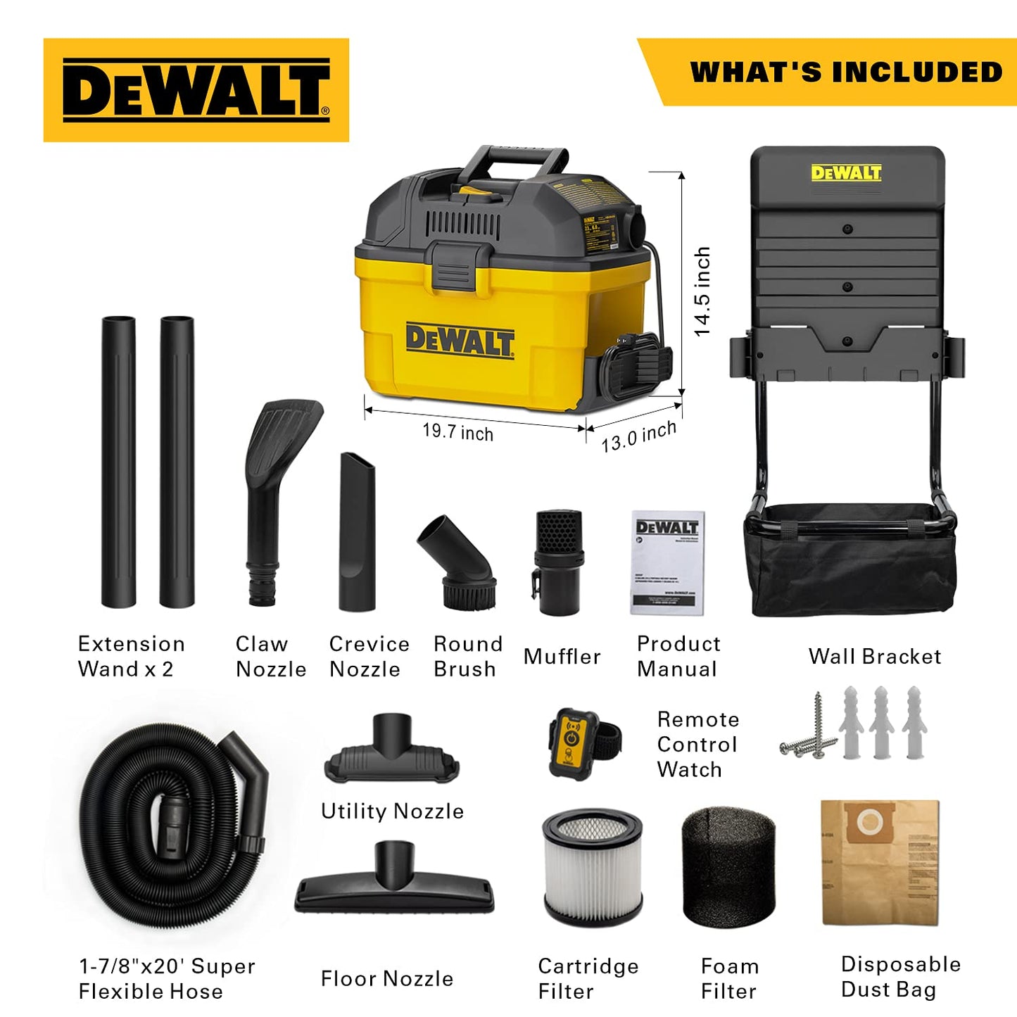 DEWALT Portable 6 Gallon 5 Horsepower Wall-Mounted Garage Wet Dry Vacuum Cleaner DXV06G, Yellow+black