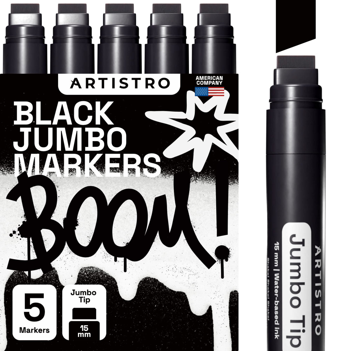ARTISTRO 5 Jumbo Black Markers, 15mm Jumbo Felt Tip, Acrylic Paint Markers for Rock Painting, Stone, Ceramic, Glass, Wood, Canvas ARTISTRO