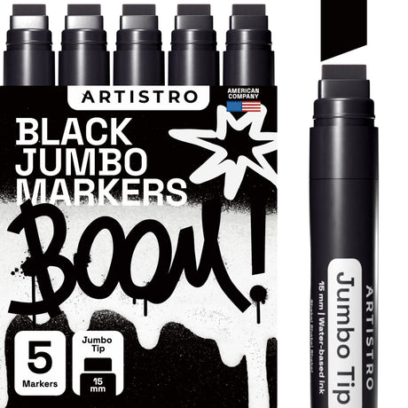 ARTISTRO 5 Jumbo Black Markers, 15mm Jumbo Felt Tip, Acrylic Paint Markers for Rock Painting, Stone, Ceramic, Glass, Wood, Canvas ARTISTRO