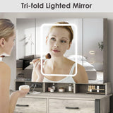 Fameill Vanity Desk with Lighted Mirror and Power Strip,Tri-Fold Mirror Makeup Vanity Table with Lights,2 Drawers Vanity Set with Hidden Storage Fameill