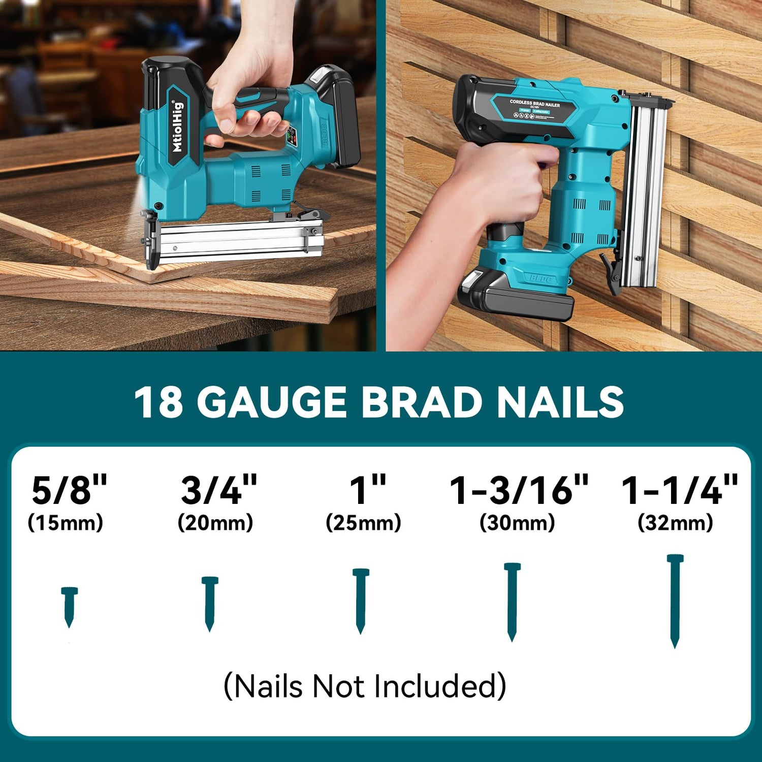 Cordless Brad Nailer for Makita 18V Lithium-Ion Battery, Powered Electric Nail Gun for Wood 18GA, Brushless Motor, 2 Mode, 18 Gauge 5/8 to 1-1/4 MtiolHig